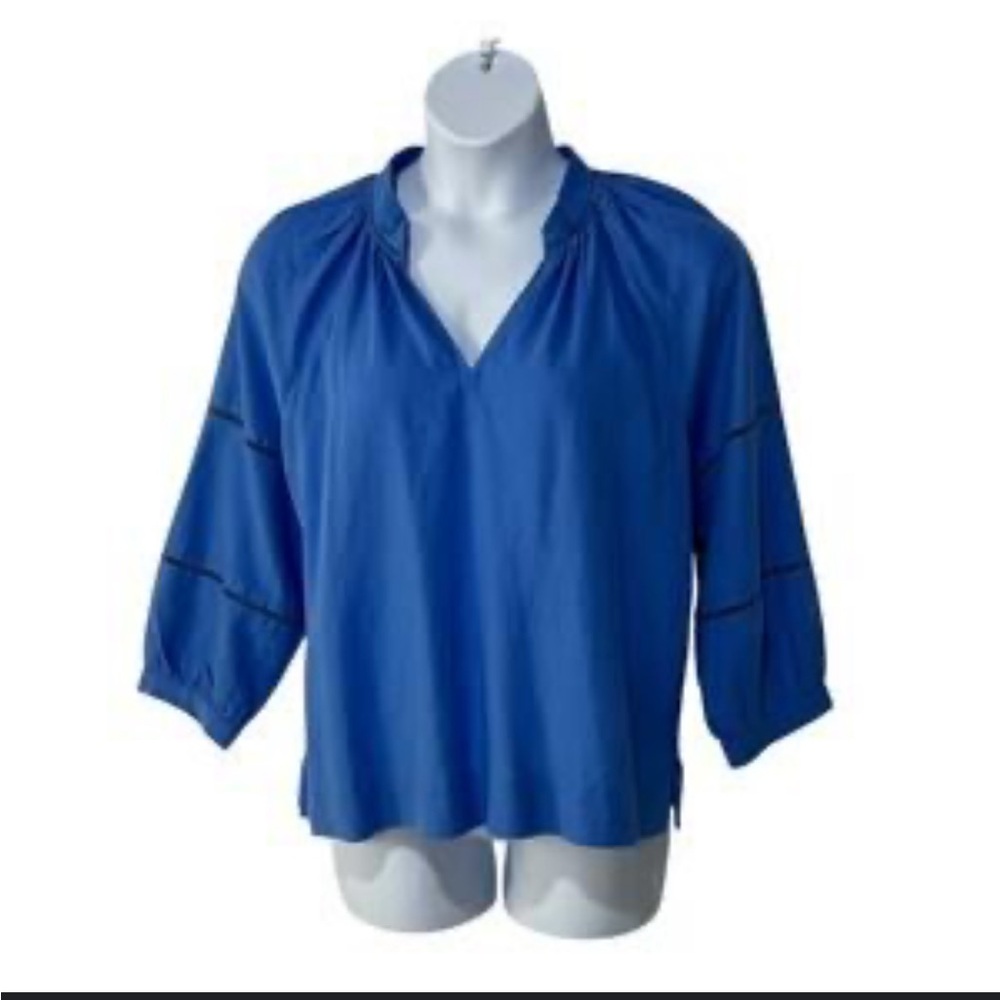 LOFT Womens Top Royal Blue Blouse with Sleeve Accents V Neck Linen Blend Small